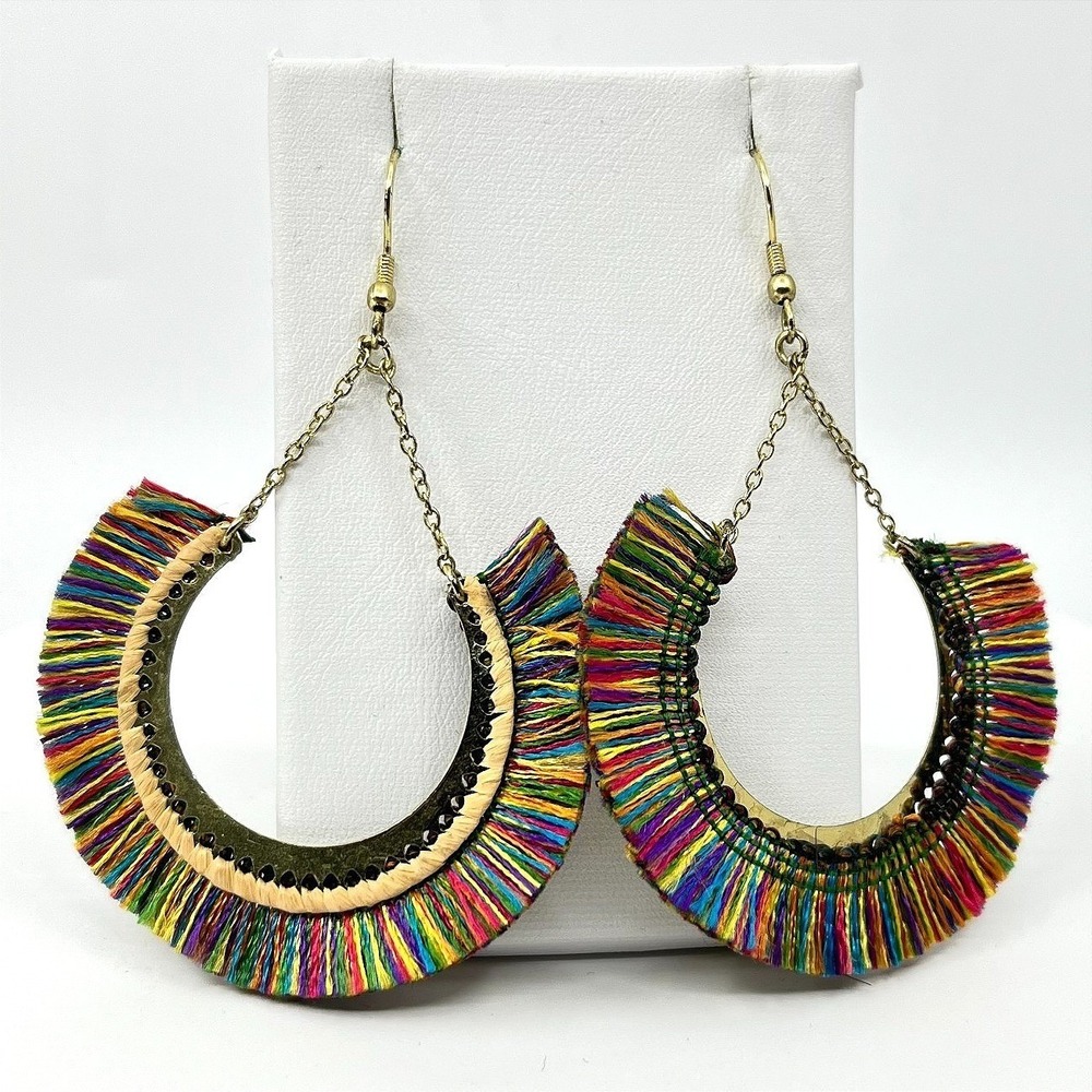 Vintage Boho Rainbow Tassel Hoop Earrings Gold Tone Multi-Color Festival Dangle